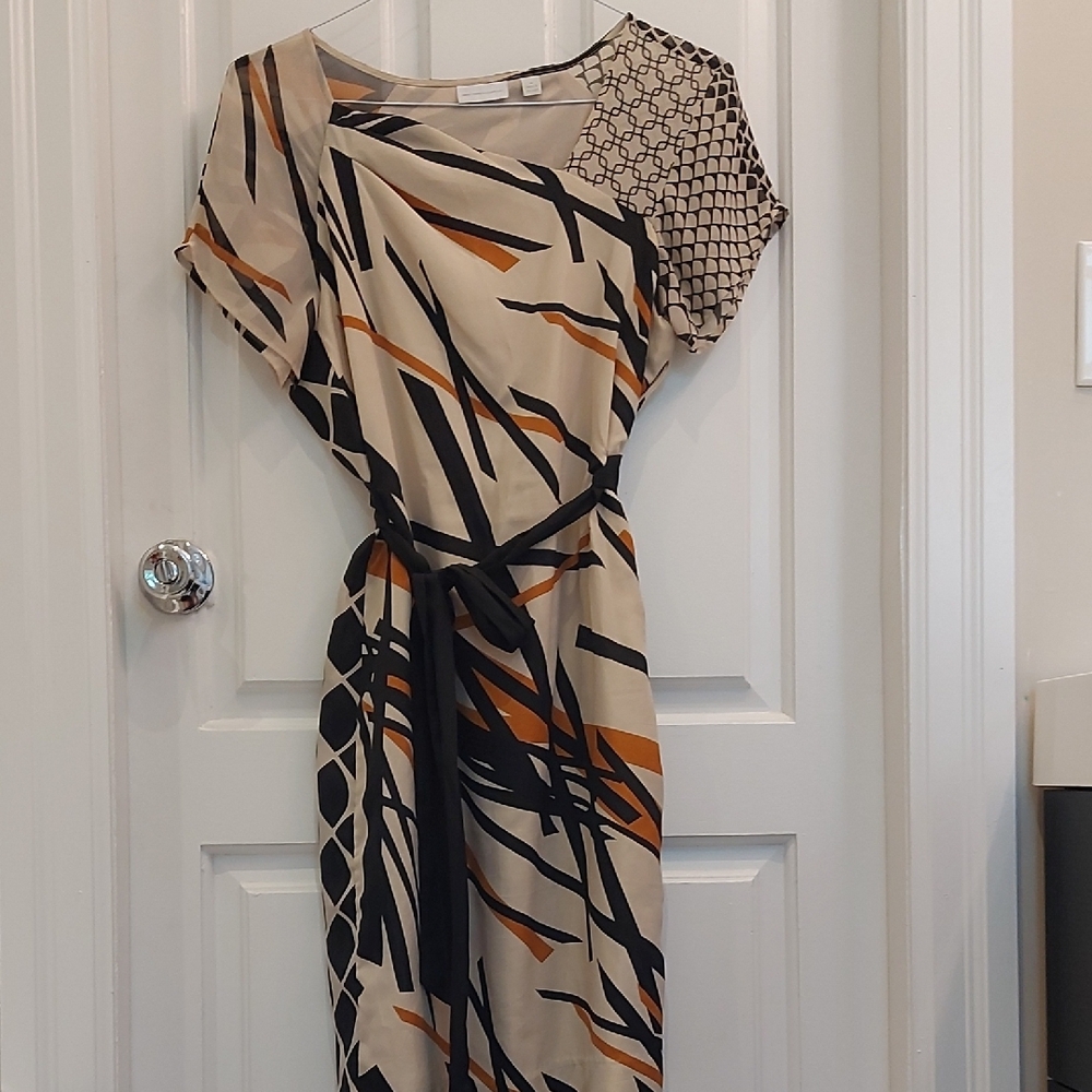 New York & Company Asymmetrical Dress in Black, Orange, and Tan